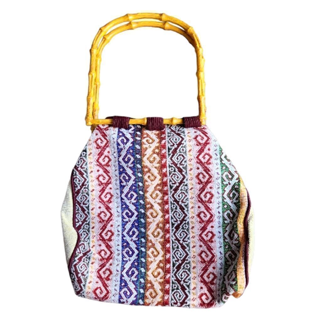 ‎Colorful Handmade Aztec Printed Handbag with Bamboo Handle